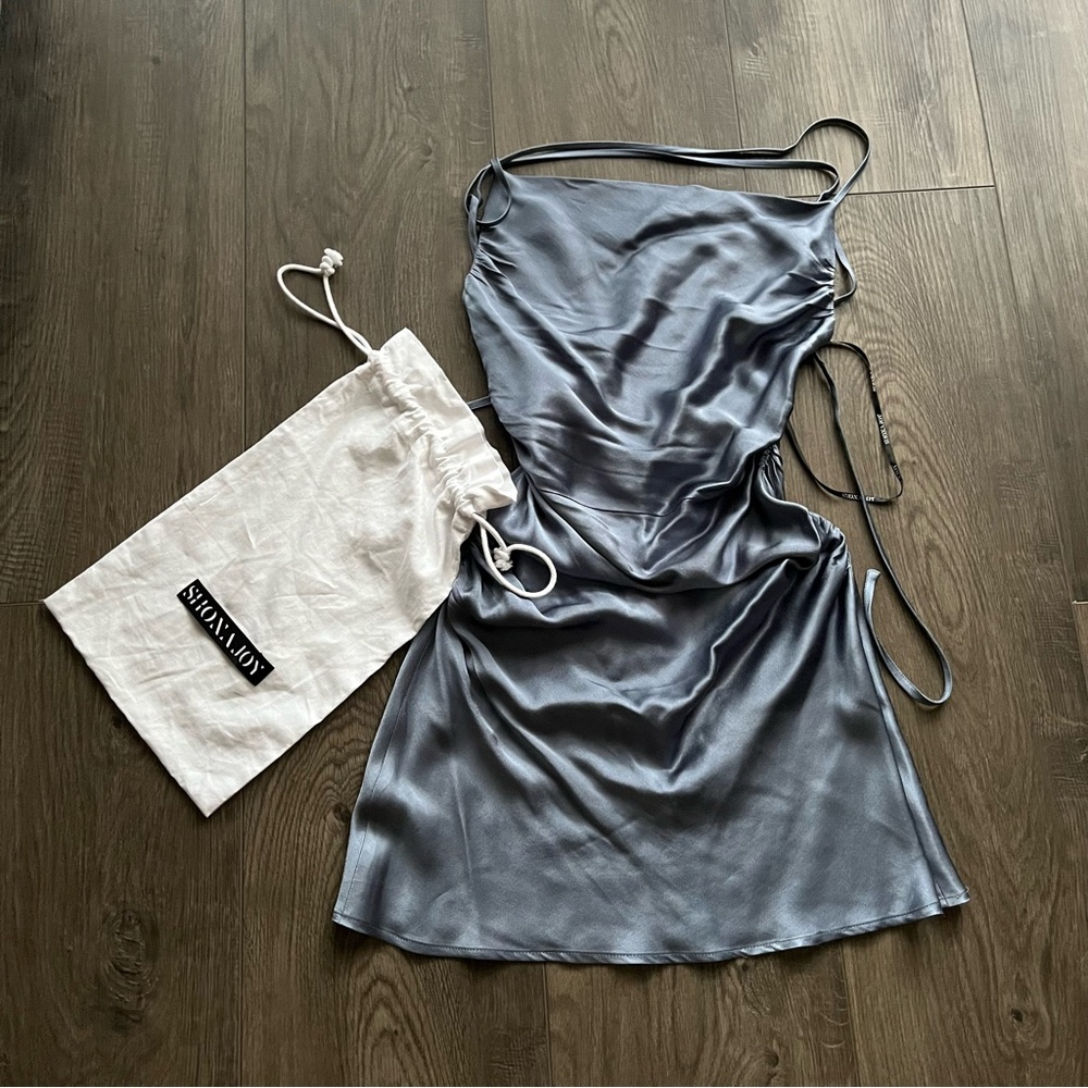 Shona Joy Luna Backless dress in Smoky Blue, size 2, shortened